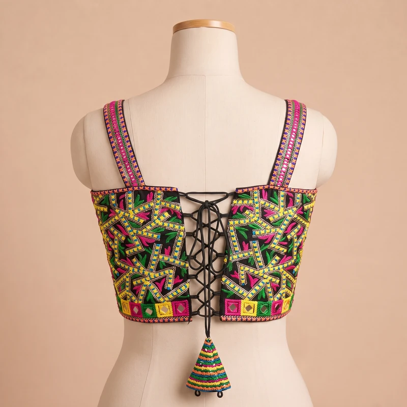 Black Navratri Multicolor Real Mirror Handwork Peacock Embroidery Corset Blouse — view 3