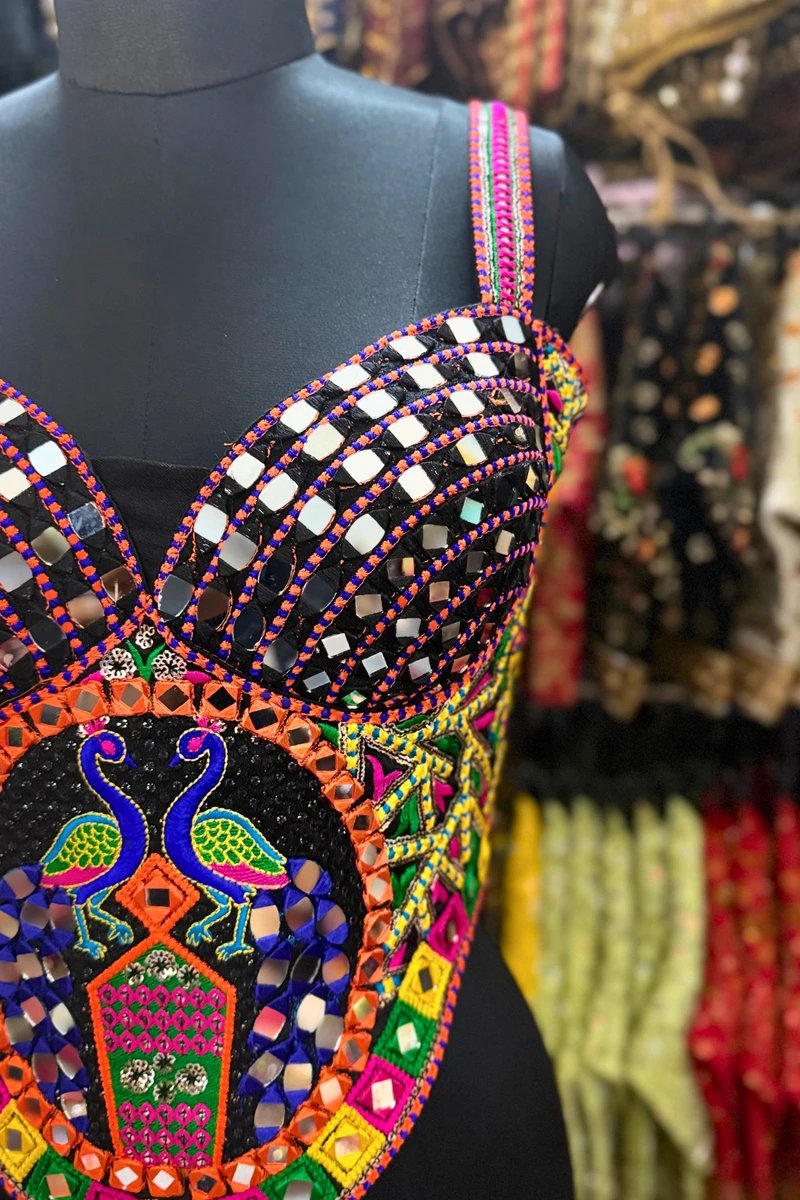 Black Navratri Multicolor Real Mirror Handwork Peacock Embroidery Corset Blouse — view 6