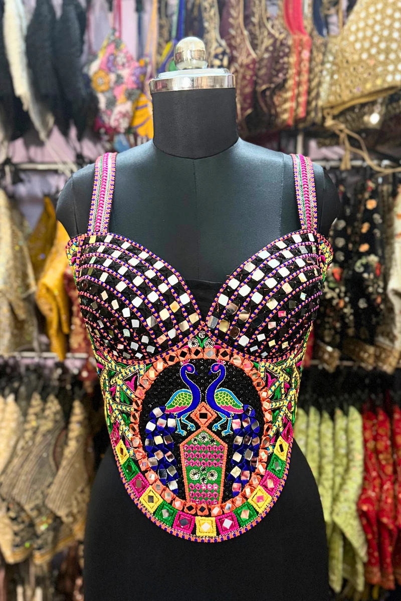 Black Navratri Multicolor Real Mirror Handwork Peacock Embroidery Corset Blouse — view 4
