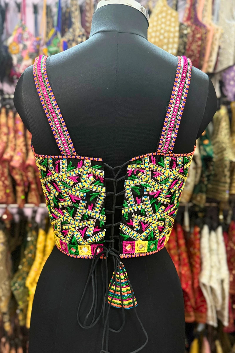 Black Navratri Multicolor Real Mirror Handwork Peacock Embroidery Corset Blouse — view 5