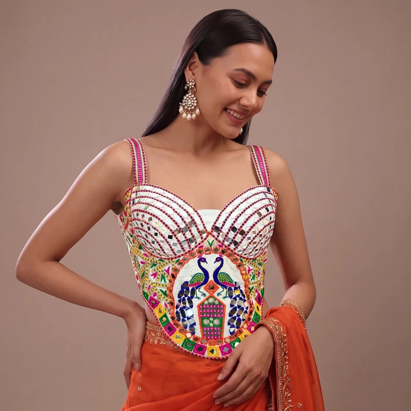 White Navratri Multicolor Real Mirror Handwork Peacock Embroidery Corset Blouse