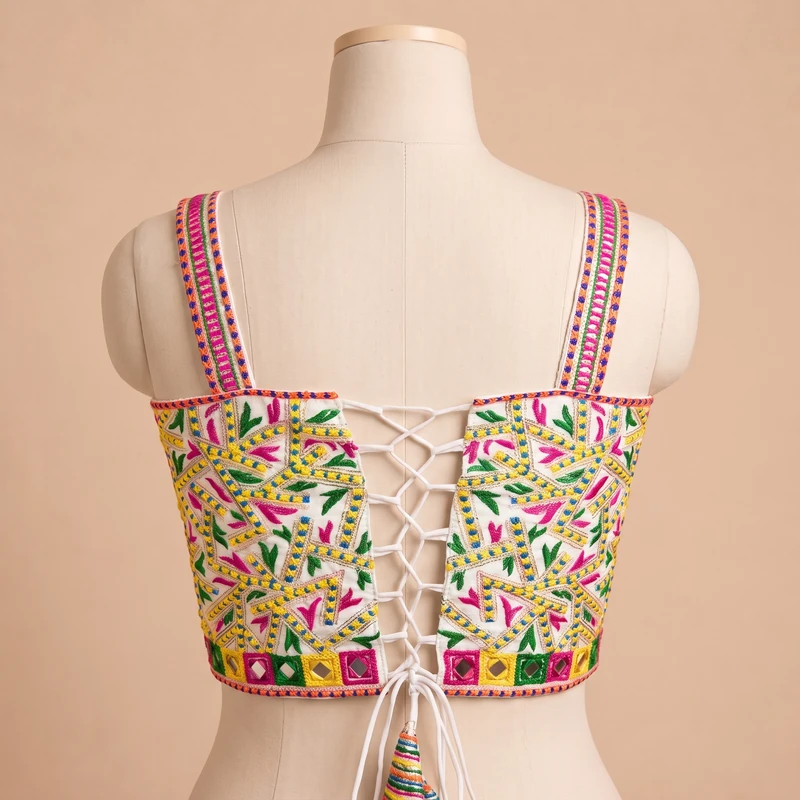 White Navratri Multicolor Real Mirror Handwork Peacock Embroidery Corset Blouse — view 2