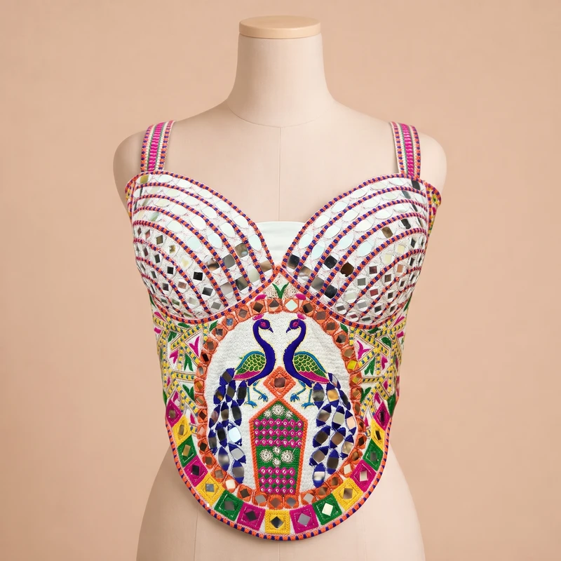 White Navratri Multicolor Real Mirror Handwork Peacock Embroidery Corset Blouse — view 3