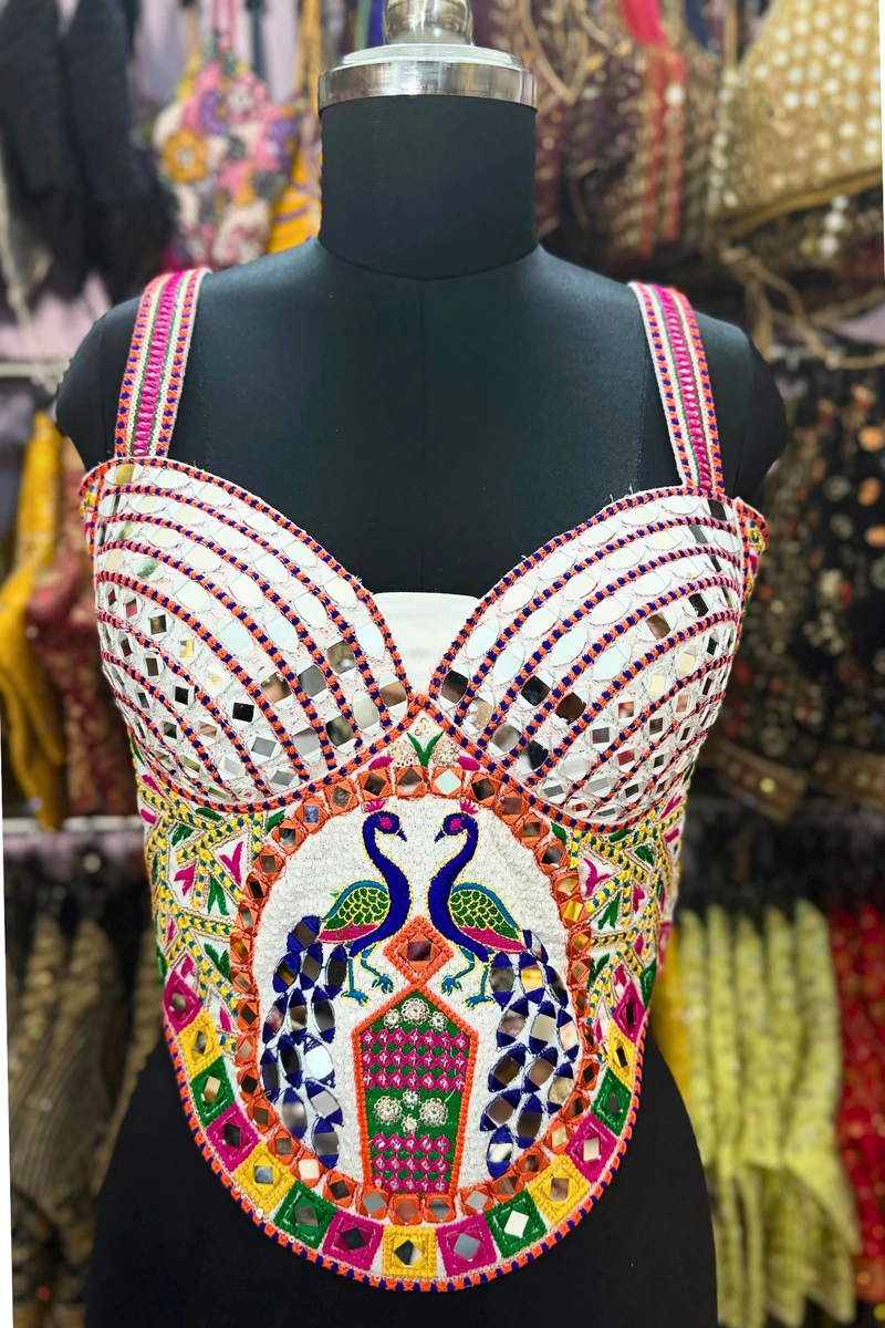White Navratri Multicolor Real Mirror Handwork Peacock Embroidery Corset Blouse — view 4