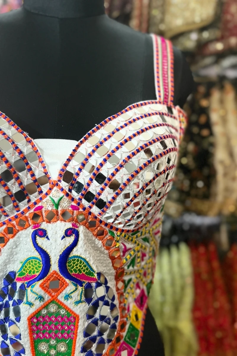 White Navratri Multicolor Real Mirror Handwork Peacock Embroidery Corset Blouse — view 6