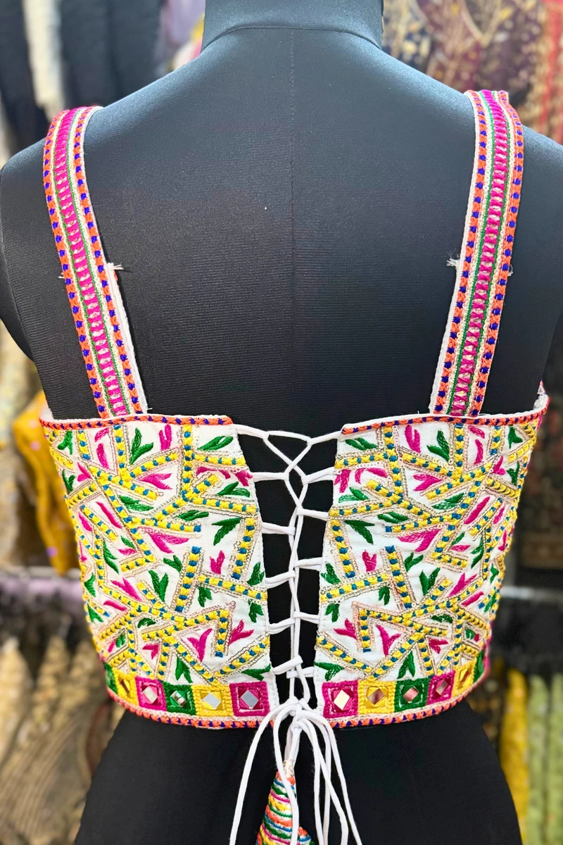 White Navratri Multicolor Real Mirror Handwork Peacock Embroidery Corset Blouse — view 5