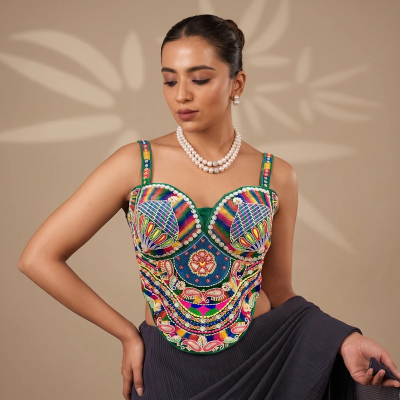 Green Navratri Special Multicolor Beads Handwork Embroidery Corset Blouse