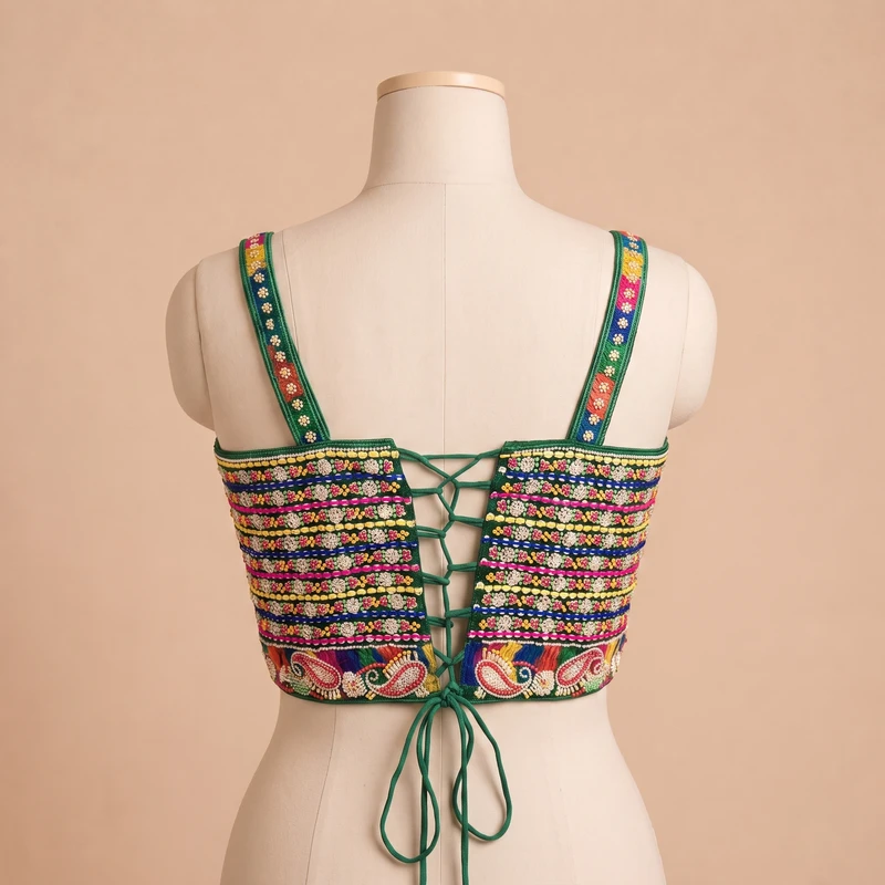 Green Navratri Special Multicolor Beads Handwork Embroidery Corset Blouse — view 2