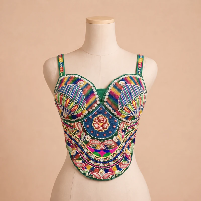 Green Navratri Special Multicolor Beads Handwork Embroidery Corset Blouse — view 3