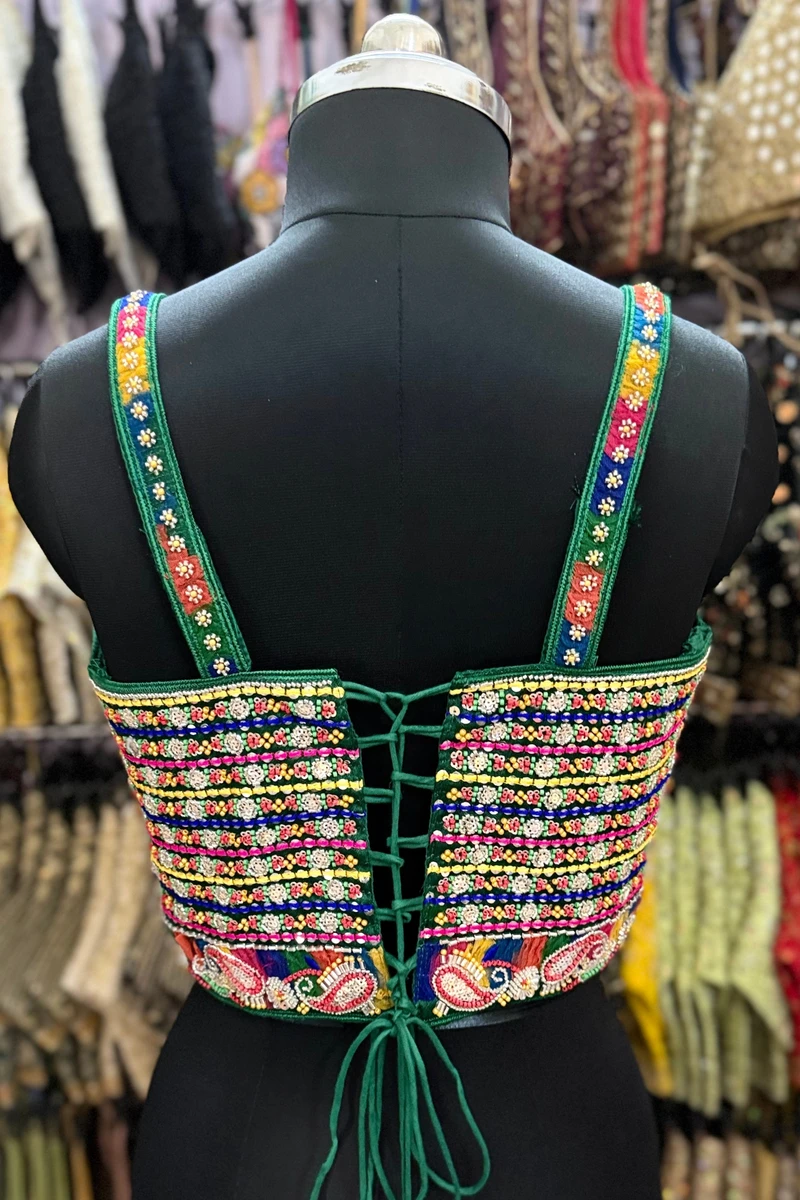 Green Navratri Special Multicolor Beads Handwork Embroidery Corset Blouse — view 6