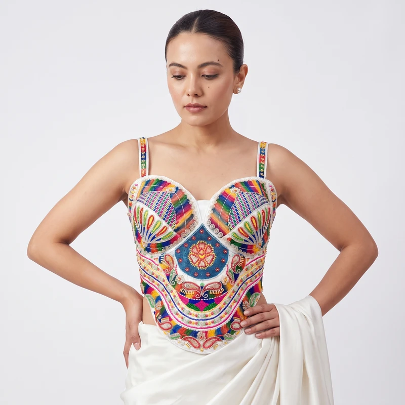 White Navratri Special Multicolor Beads Handwork Embroidery Corset Blouse