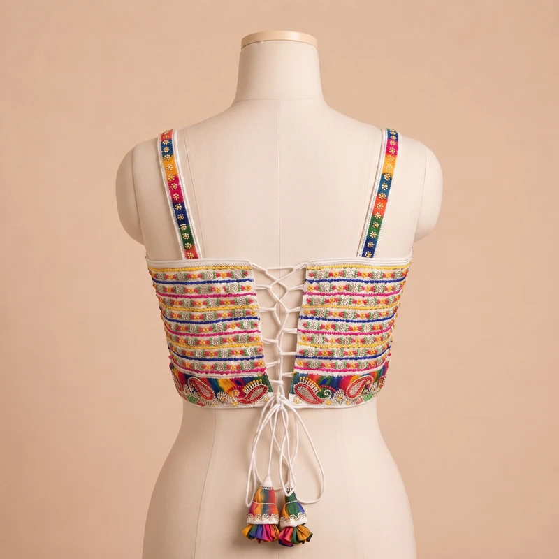 White Navratri Special Multicolor Beads Handwork Embroidery Corset Blouse — view 2
