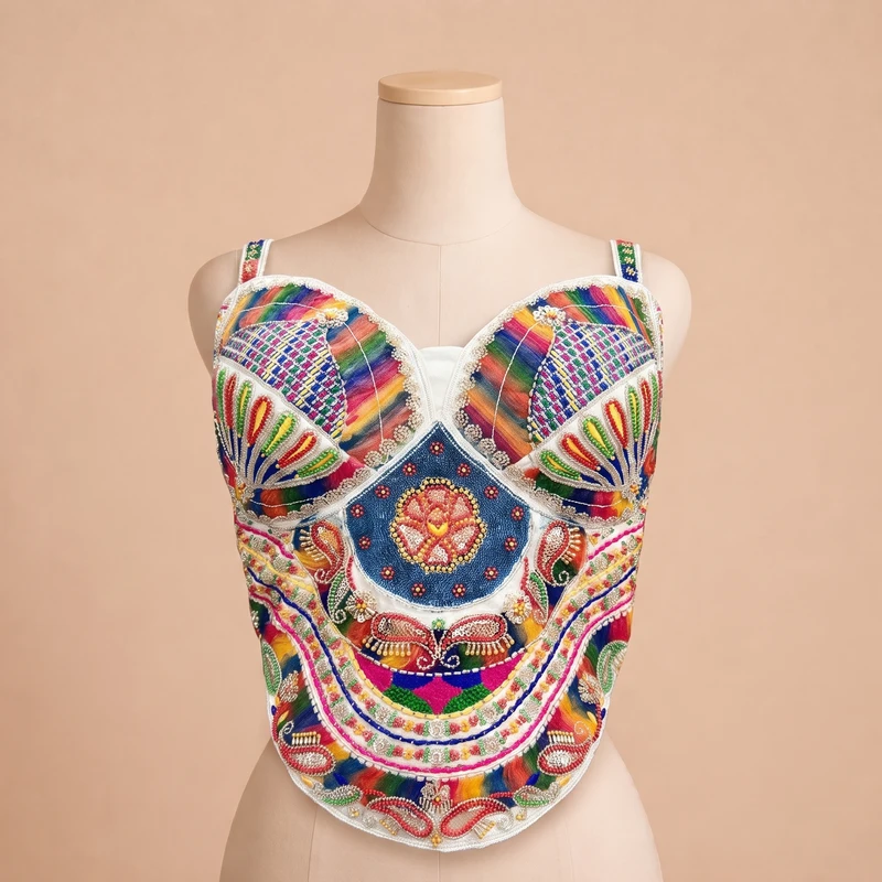 White Navratri Special Multicolor Beads Handwork Embroidery Corset Blouse — view 3