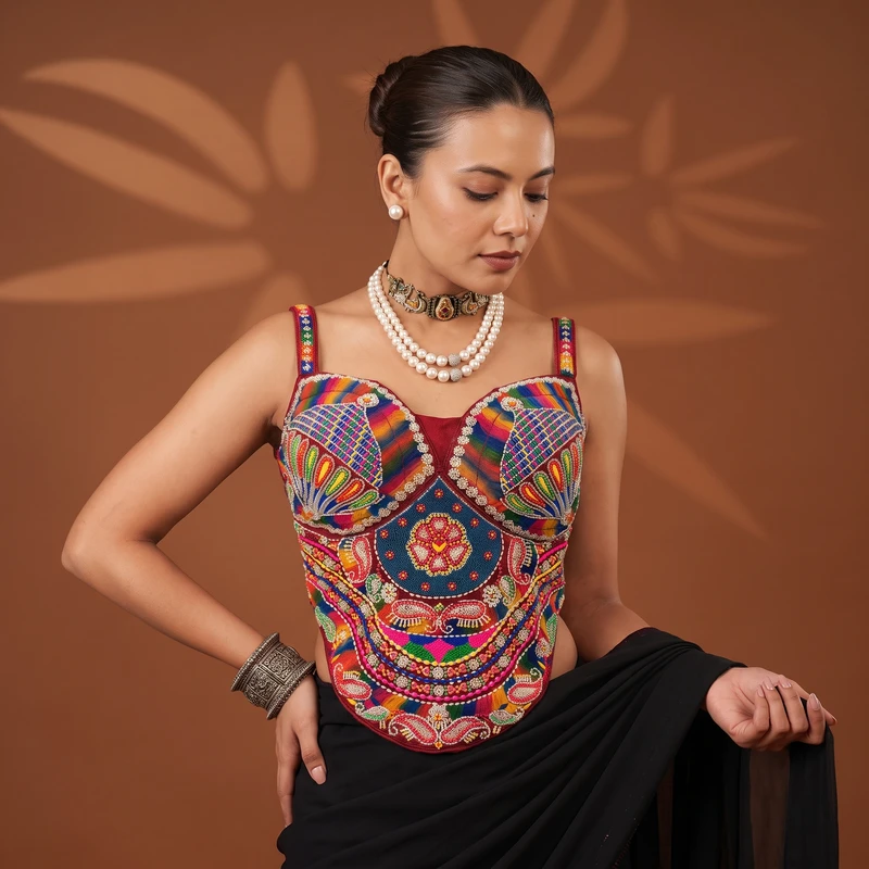 Maroon Navratri Special Multicolor Beads Handwork Embroidery Corset Blouse
