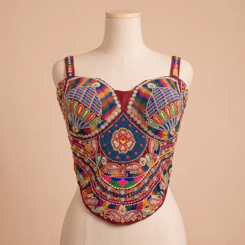 Maroon Navratri Special Multicolor Beads Handwork Embroidery Corset Blouse — view 3