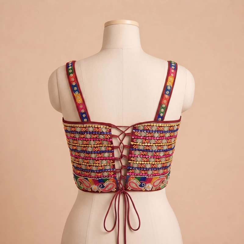 Maroon Navratri Special Multicolor Beads Handwork Embroidery Corset Blouse — view 2