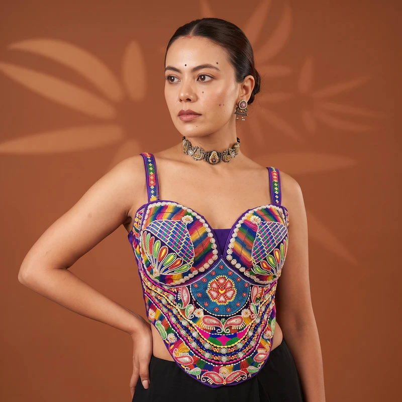 Purple Navratri Special Multicolor Beads Handwork Embroidery Corset Blouse