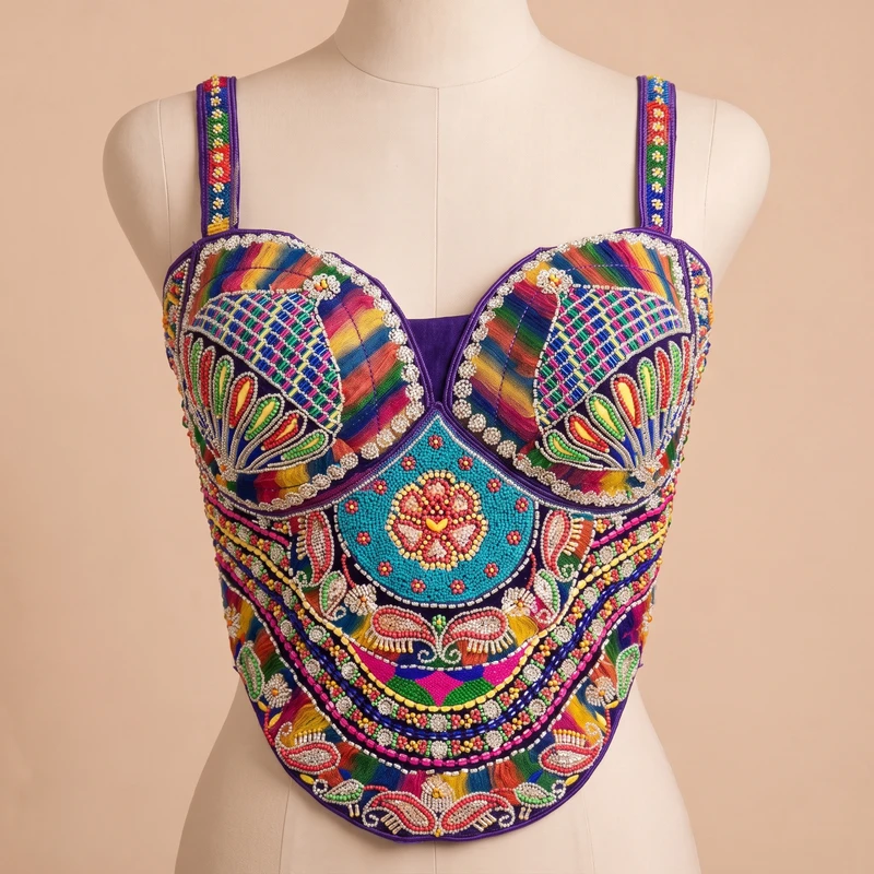 Purple Navratri Special Multicolor Beads Handwork Embroidery Corset Blouse — view 3