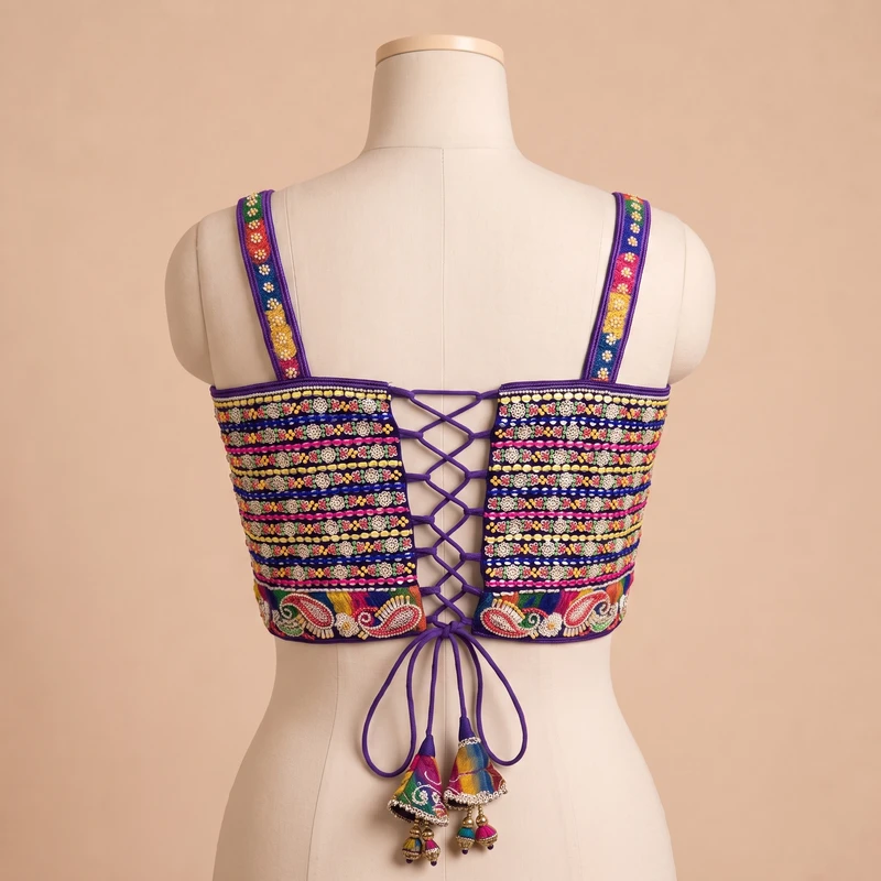 Purple Navratri Special Multicolor Beads Handwork Embroidery Corset Blouse — view 2