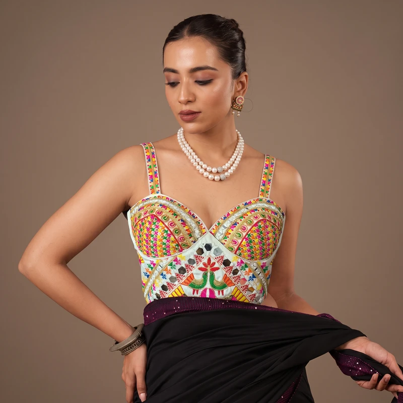 White Navratri Silk Corset Blouse with Real Mirror & Thread Embroidery Work