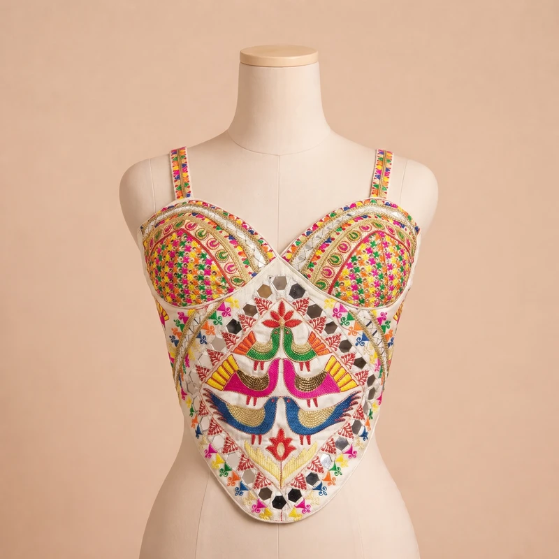 White Navratri Silk Corset Blouse with Real Mirror & Thread Embroidery Work — view 2