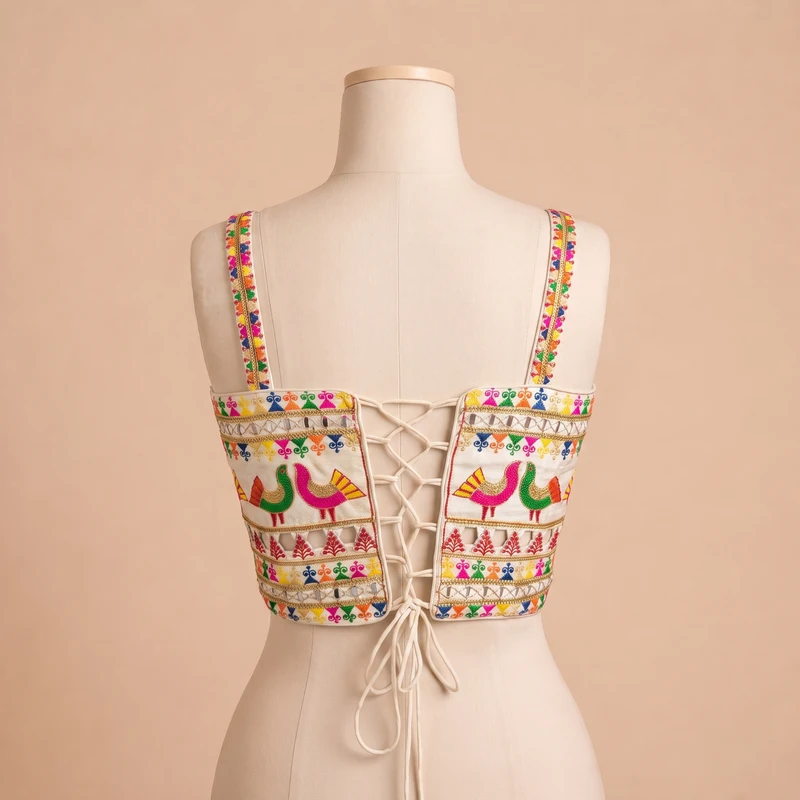 White Navratri Silk Corset Blouse with Real Mirror & Thread Embroidery Work — view 3