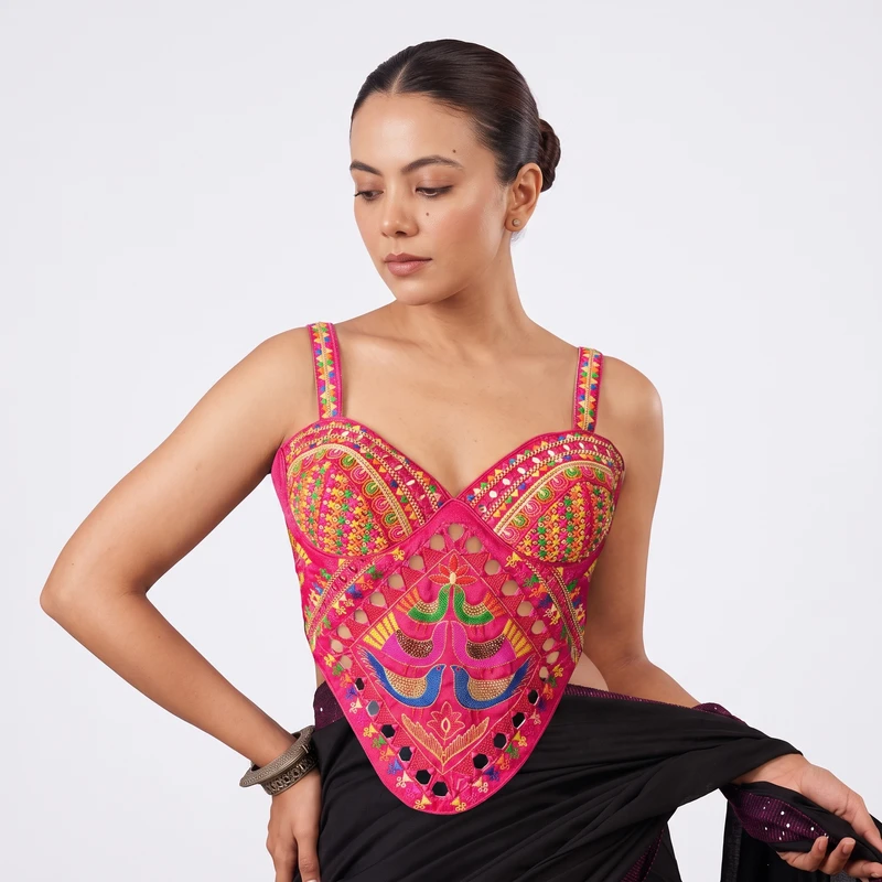 Rani Navratri Silk Corset Blouse with Real Mirror & Thread Embroidery Work