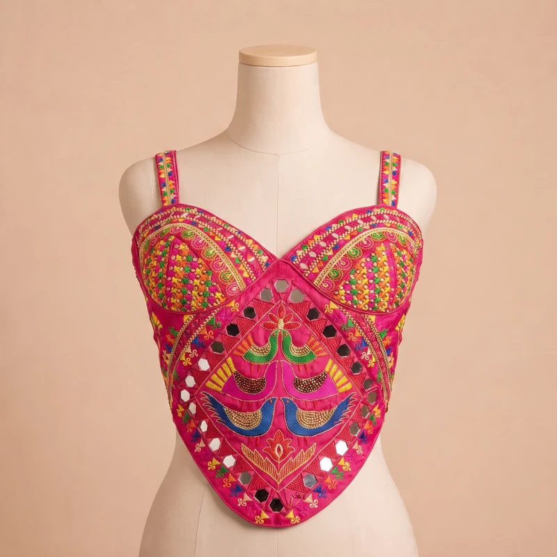Rani Navratri Silk Corset Blouse with Real Mirror & Thread Embroidery Work — view 3