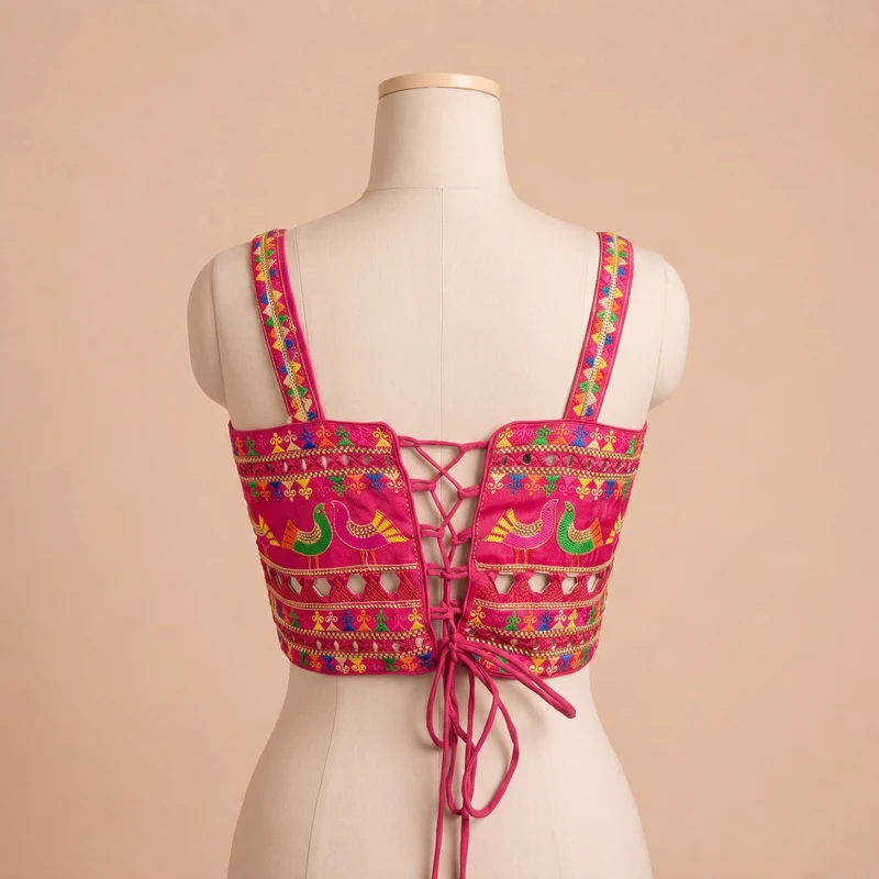 Rani Navratri Silk Corset Blouse with Real Mirror & Thread Embroidery Work — view 2