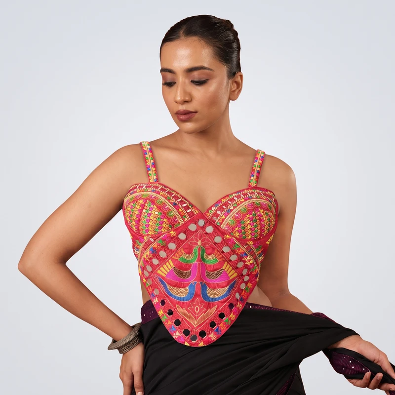 Red Navratri Silk Corset Blouse with Real Mirror & Thread Embroidery Work