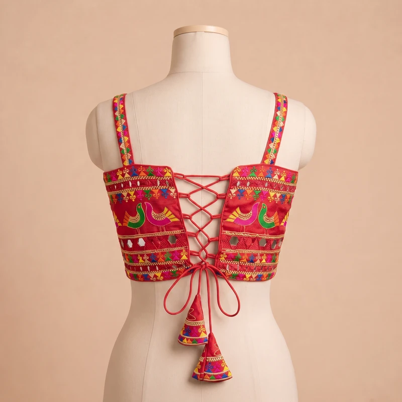 Red Navratri Silk Corset Blouse with Real Mirror & Thread Embroidery Work — view 2
