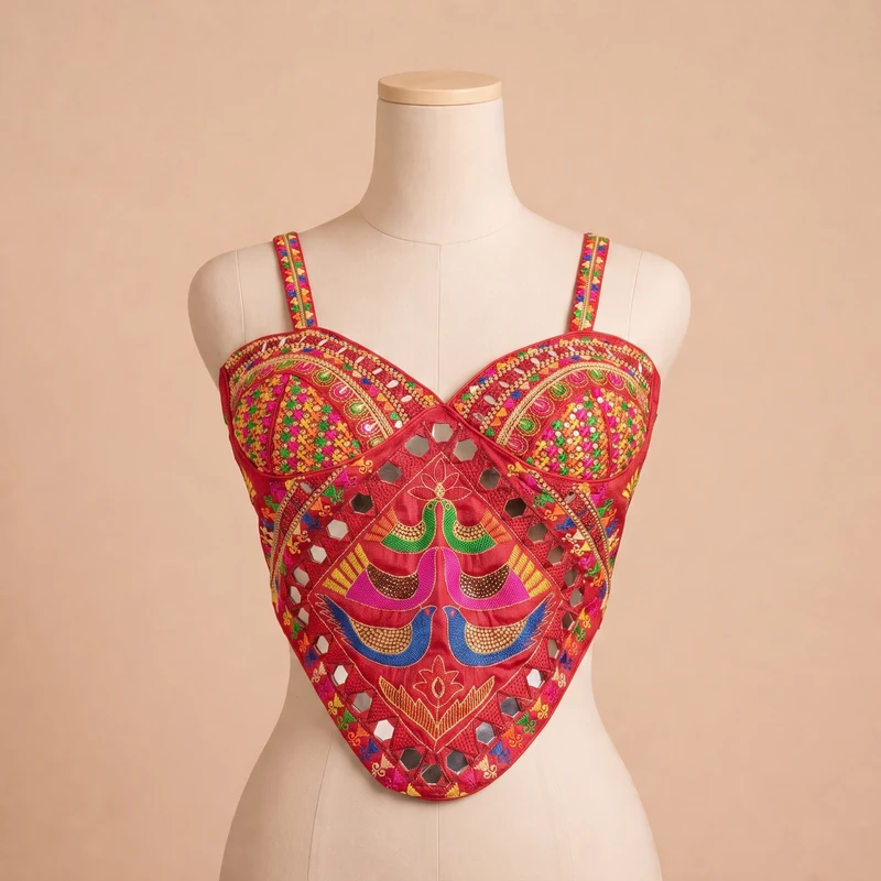Red Navratri Silk Corset Blouse with Real Mirror & Thread Embroidery Work — view 3