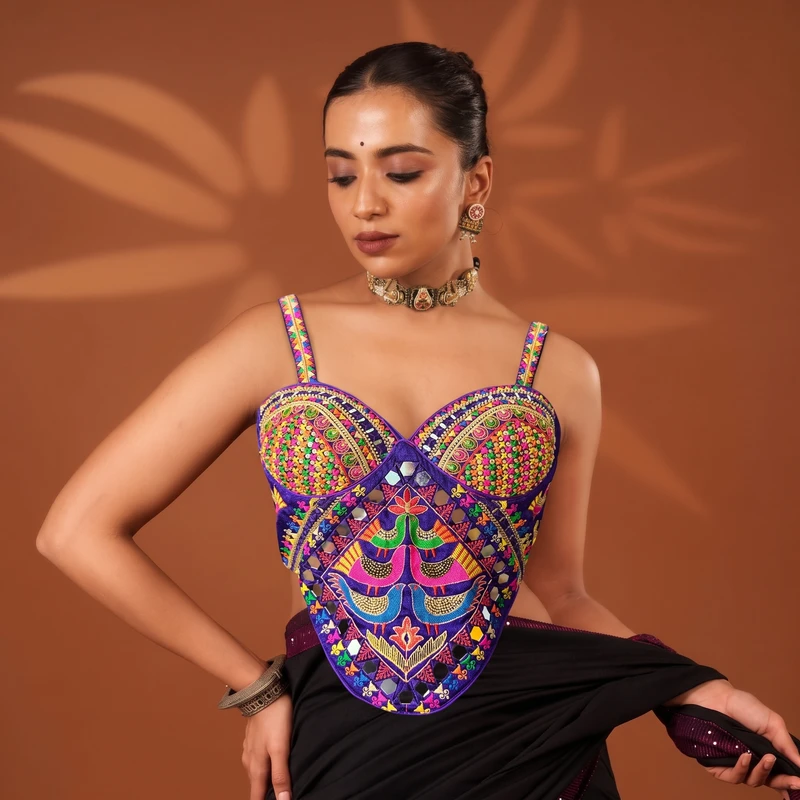 Purple Navratri Silk Corset Blouse with Real Mirror & Thread Embroidery Work