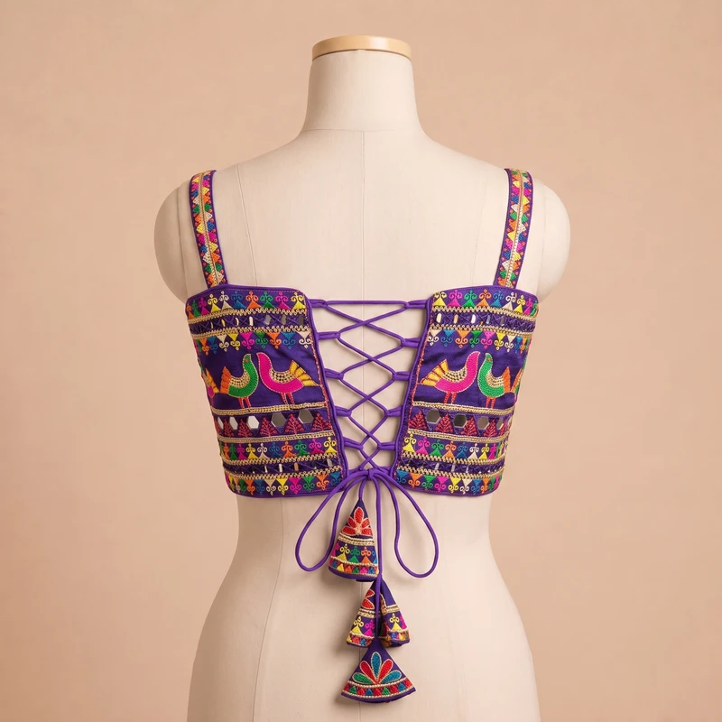 Purple Navratri Silk Corset Blouse with Real Mirror & Thread Embroidery Work — view 2