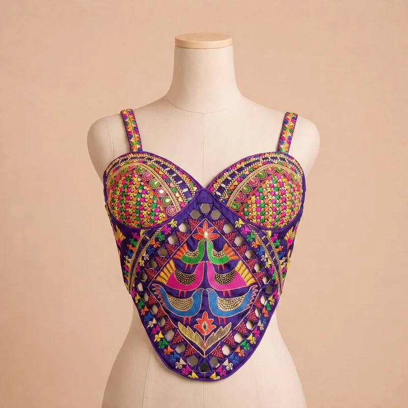 Purple Navratri Silk Corset Blouse with Real Mirror & Thread Embroidery Work — view 3