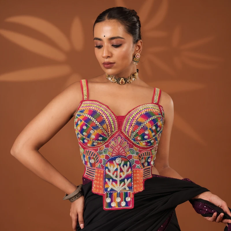Red Navratri Special Silk Corset Blouse with Beads Handwork