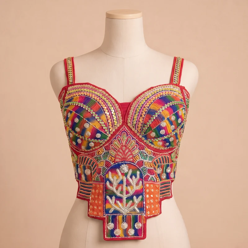 Red Navratri Special Silk Corset Blouse with Beads Handwork — view 3