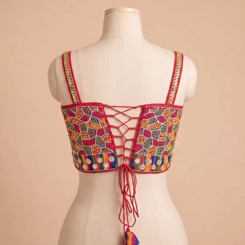 Red Navratri Special Silk Corset Blouse with Beads Handwork — view 2