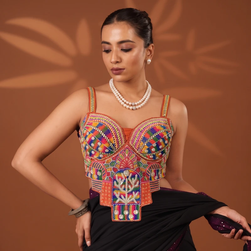 Copper Navratri Special Silk Corset Blouse with Beads Handwork