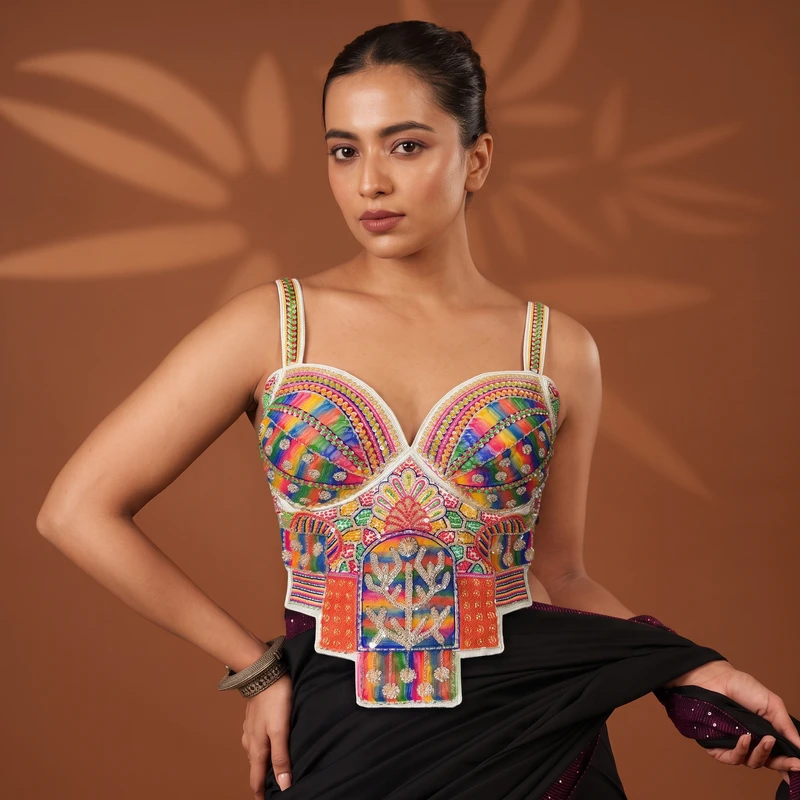 White Navratri Special Silk Corset Blouse with Beads Handwork