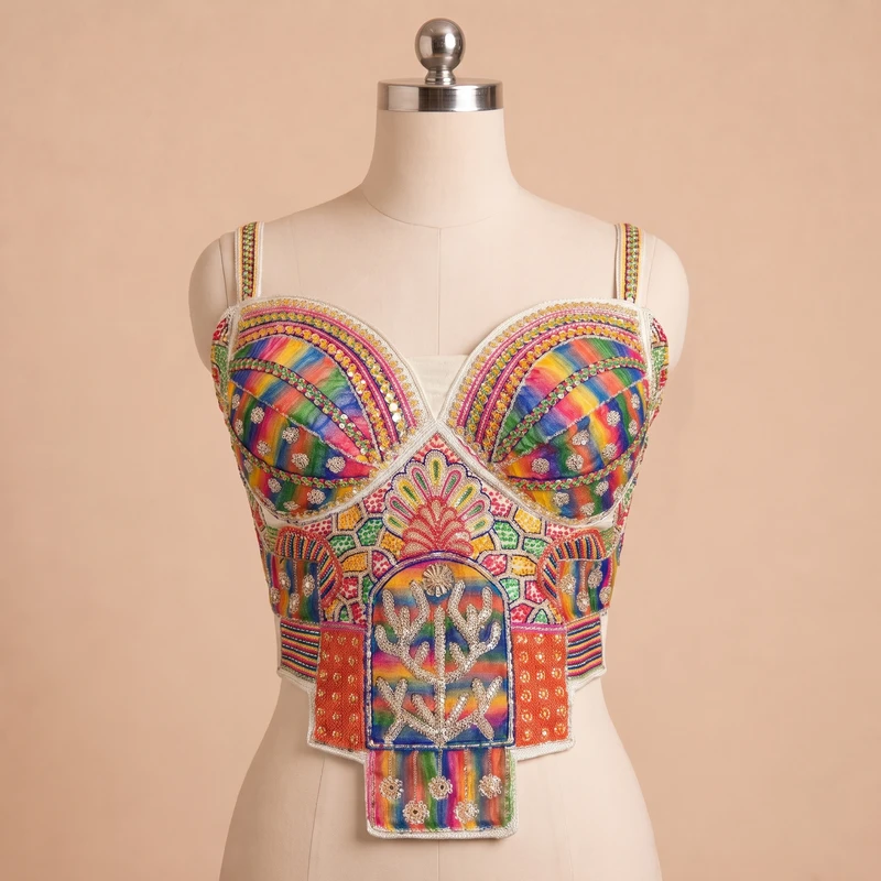 White Navratri Special Silk Corset Blouse with Beads Handwork — view 3