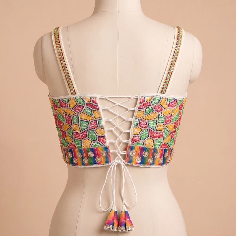 White Navratri Special Silk Corset Blouse with Beads Handwork — view 2