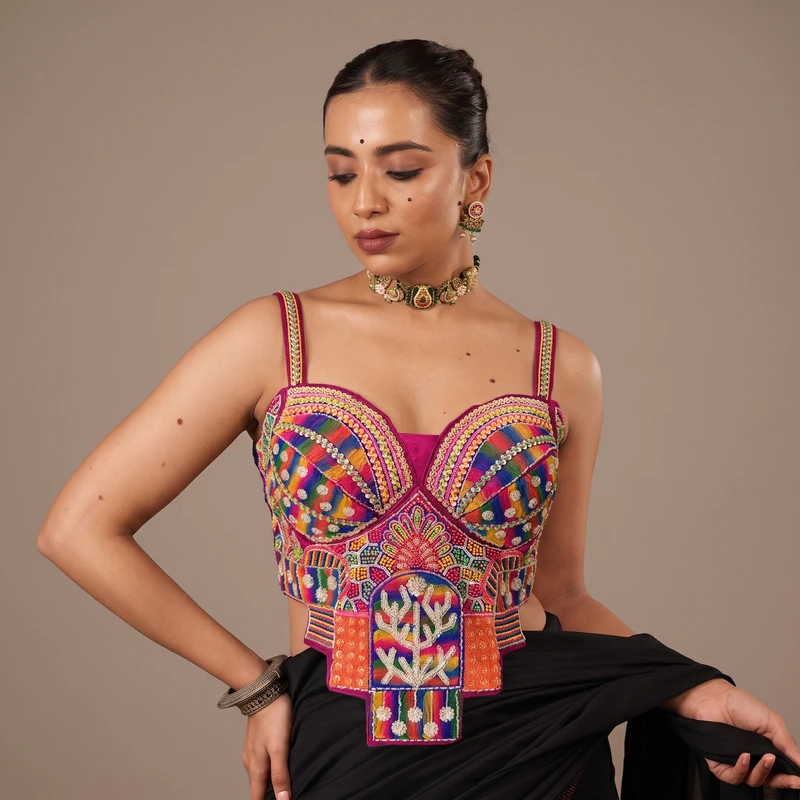 Magenta Navratri Special Silk Corset Blouse with Beads Handwork