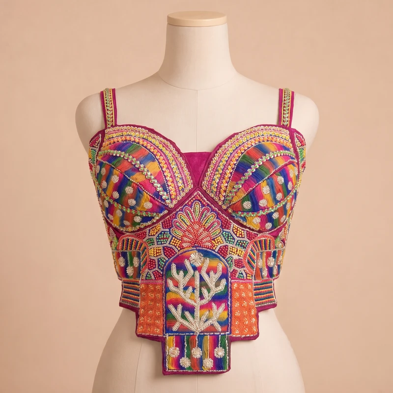 Magenta Navratri Special Silk Corset Blouse with Beads Handwork — view 2