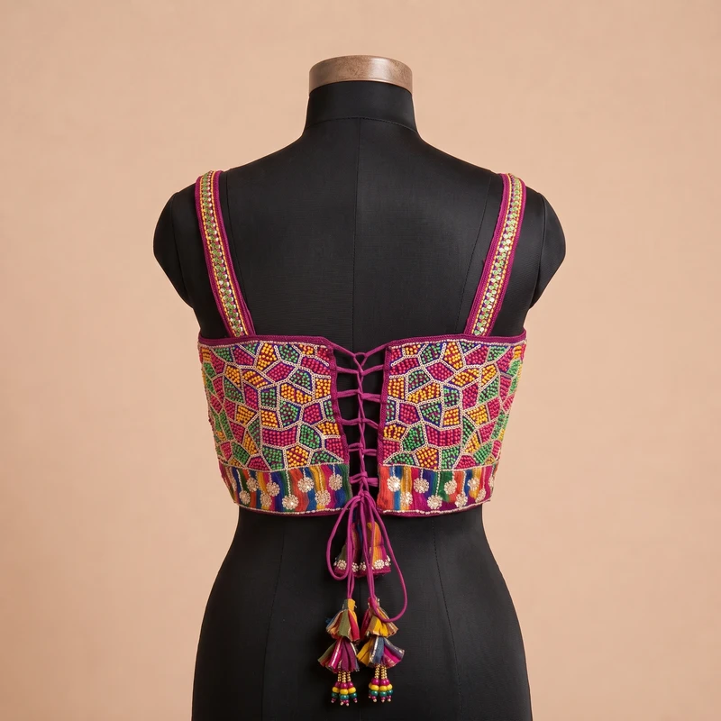 Magenta Navratri Special Silk Corset Blouse with Beads Handwork — view 3