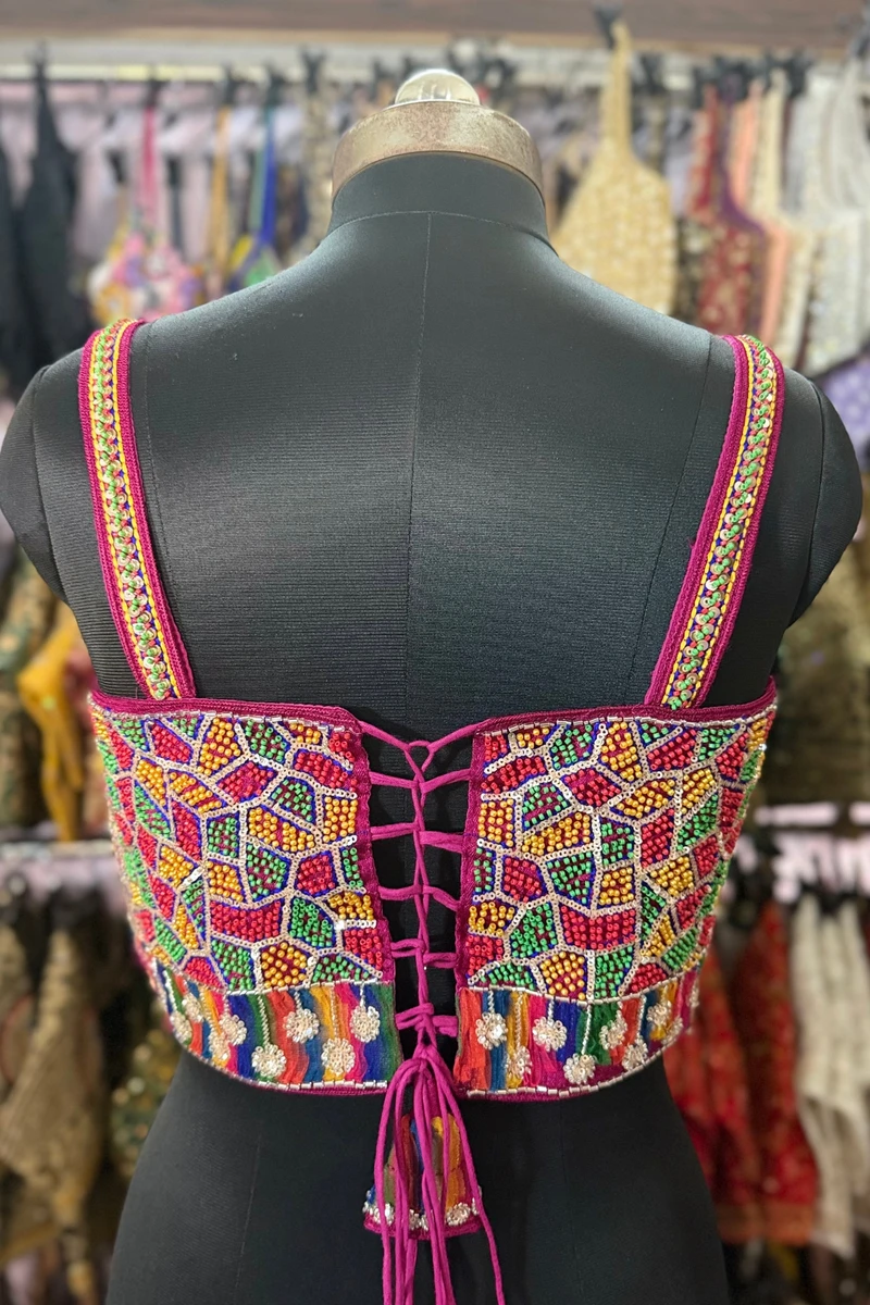 Magenta Navratri Special Silk Corset Blouse with Beads Handwork — view 6