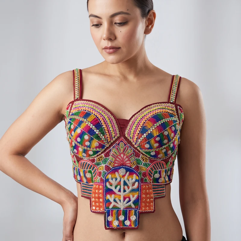 Maroon Navratri Special Silk Corset Blouse with Beads Handwork