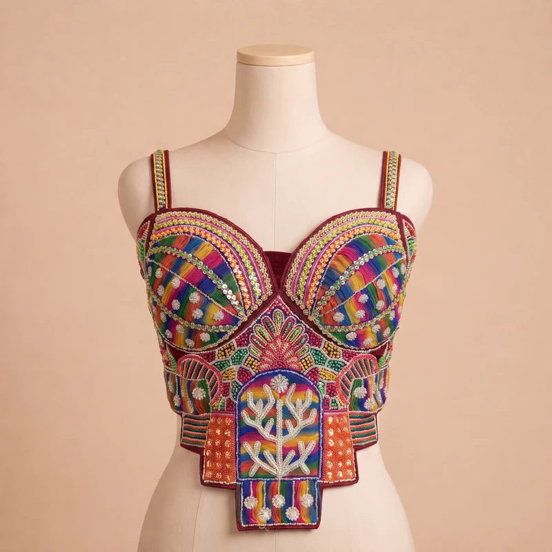 Maroon Navratri Special Silk Corset Blouse with Beads Handwork — view 3