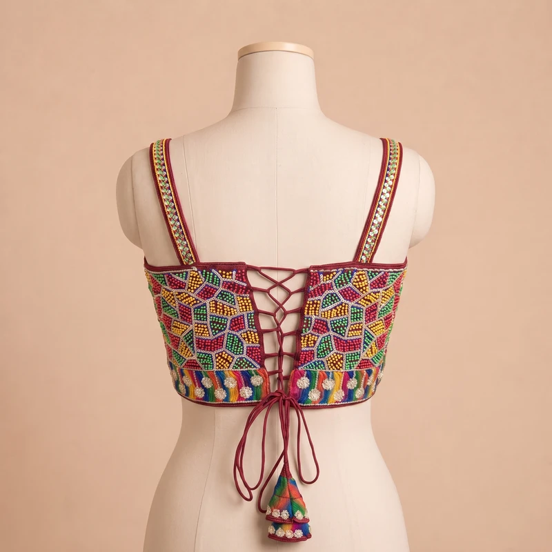 Maroon Navratri Special Silk Corset Blouse with Beads Handwork — view 2