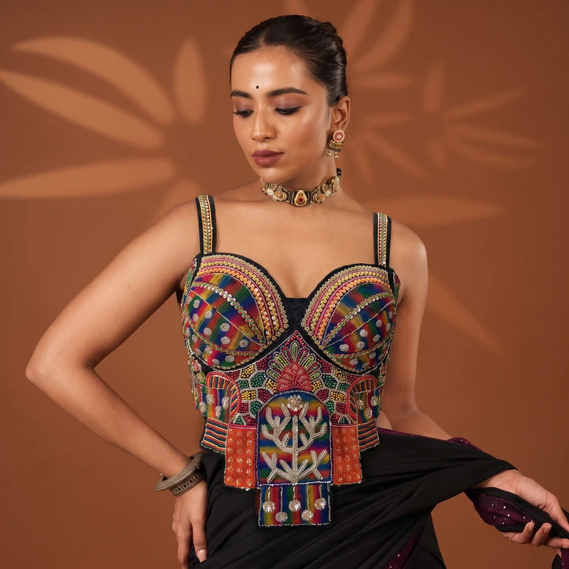 Black Navratri Special Silk Corset Blouse with Beads Handwork